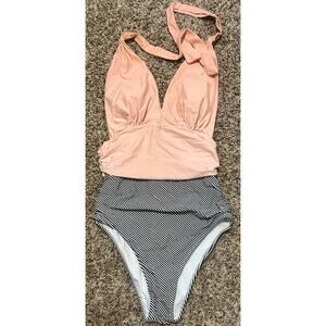 She Cup Women's One Piece Pink & Black & White Striped Swimsuit Small